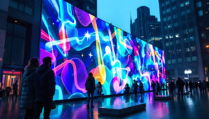 A photograph of a vibrant led display wall in an urban setting