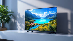 A photograph of capture a photograph of a sleek 5k video player prominently displaying vibrant