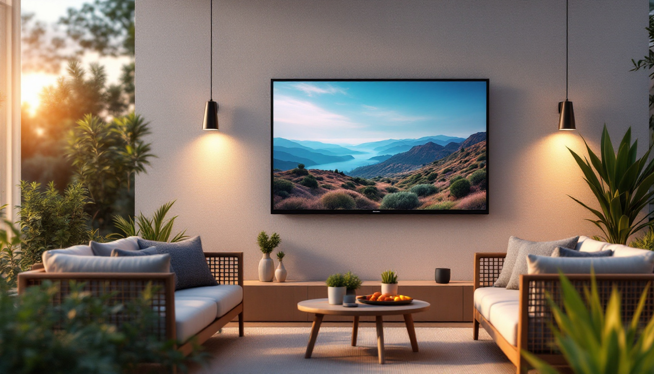 A photograph of a vibrant outdoor setting featuring a 65-inch led tv mounted on a stylish patio wall