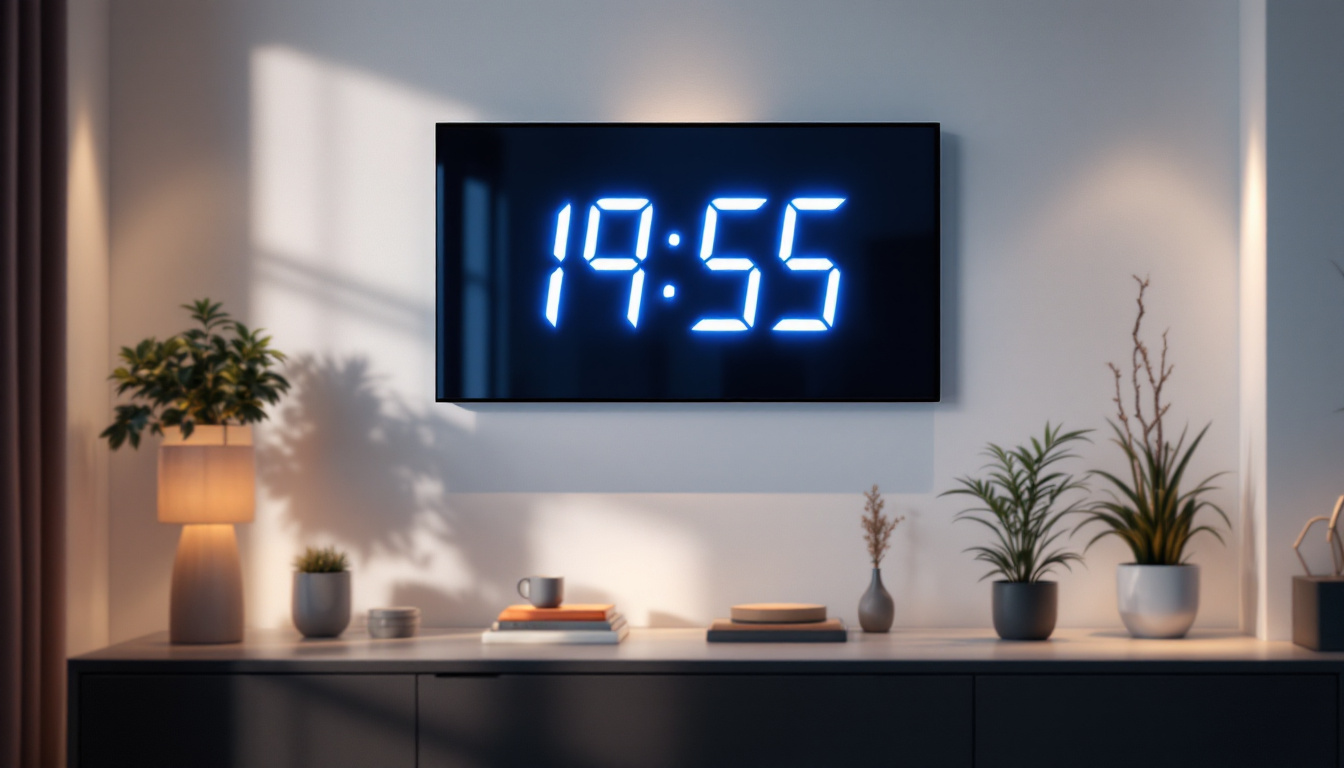 A photograph of a large display digital wall clock with a clear