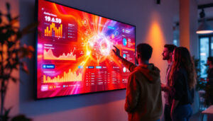 A photograph of a vibrant led display showcasing a dynamic activity wall board in a modern workspace