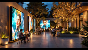A photograph of a modern outdoor space featuring stylish privacy panels with integrated led displays