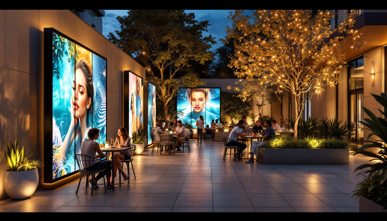A photograph of a modern outdoor space featuring stylish privacy panels with integrated led displays