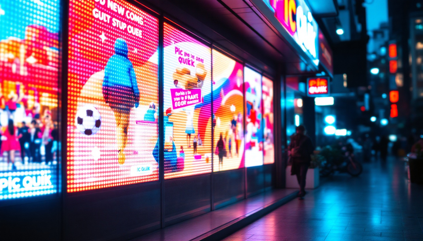 A photograph of a vibrant led display at a pic quik store