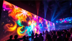A photograph of capture a photograph of a vibrant led display showcasing dynamic visuals from "the wall