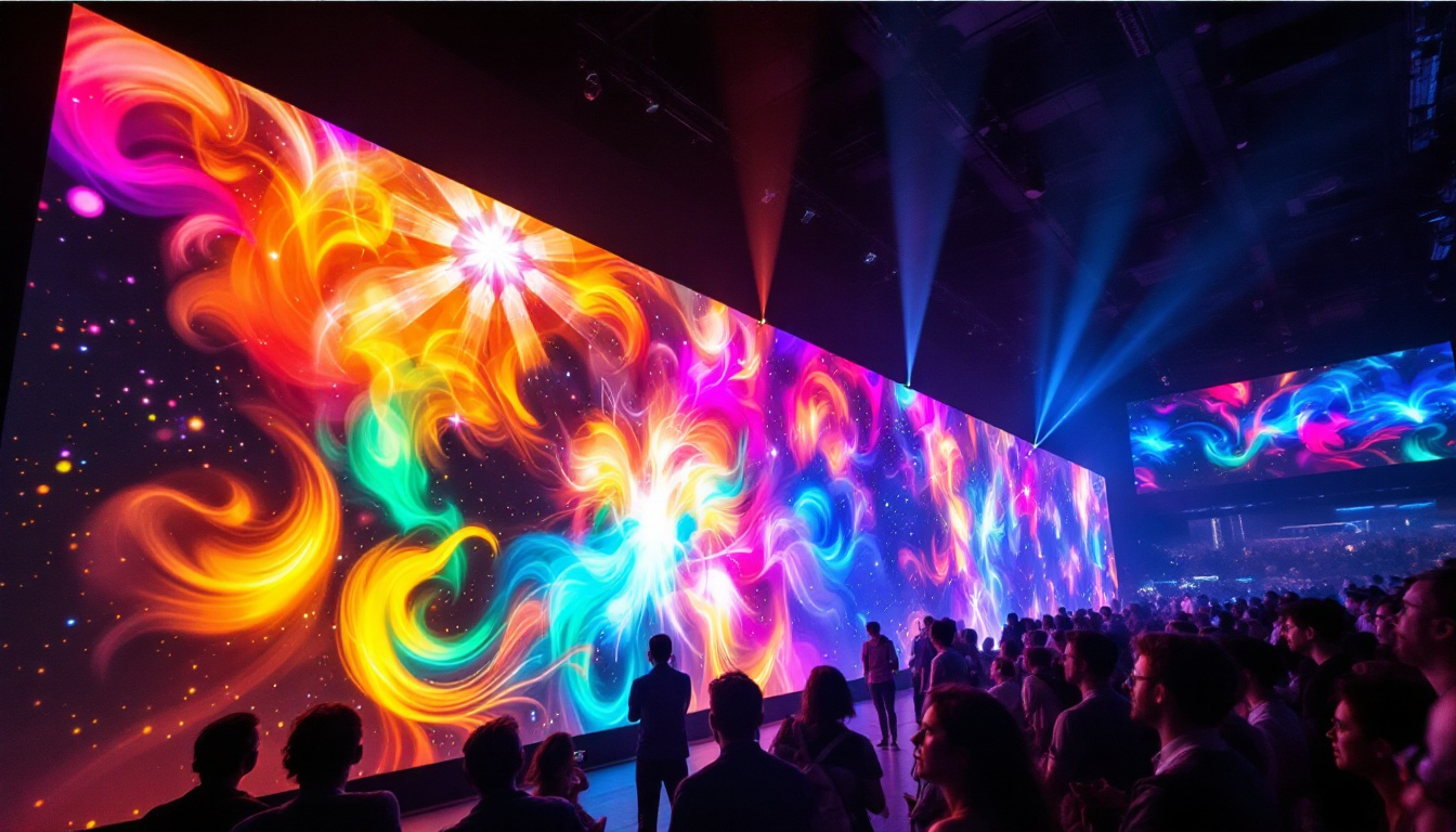 A photograph of capture a photograph of a vibrant led display showcasing dynamic visuals from "the wall
