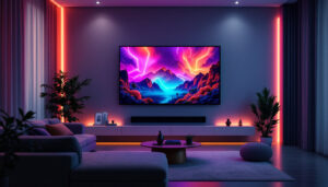 A photograph of a stylish living room featuring a modern led wall display