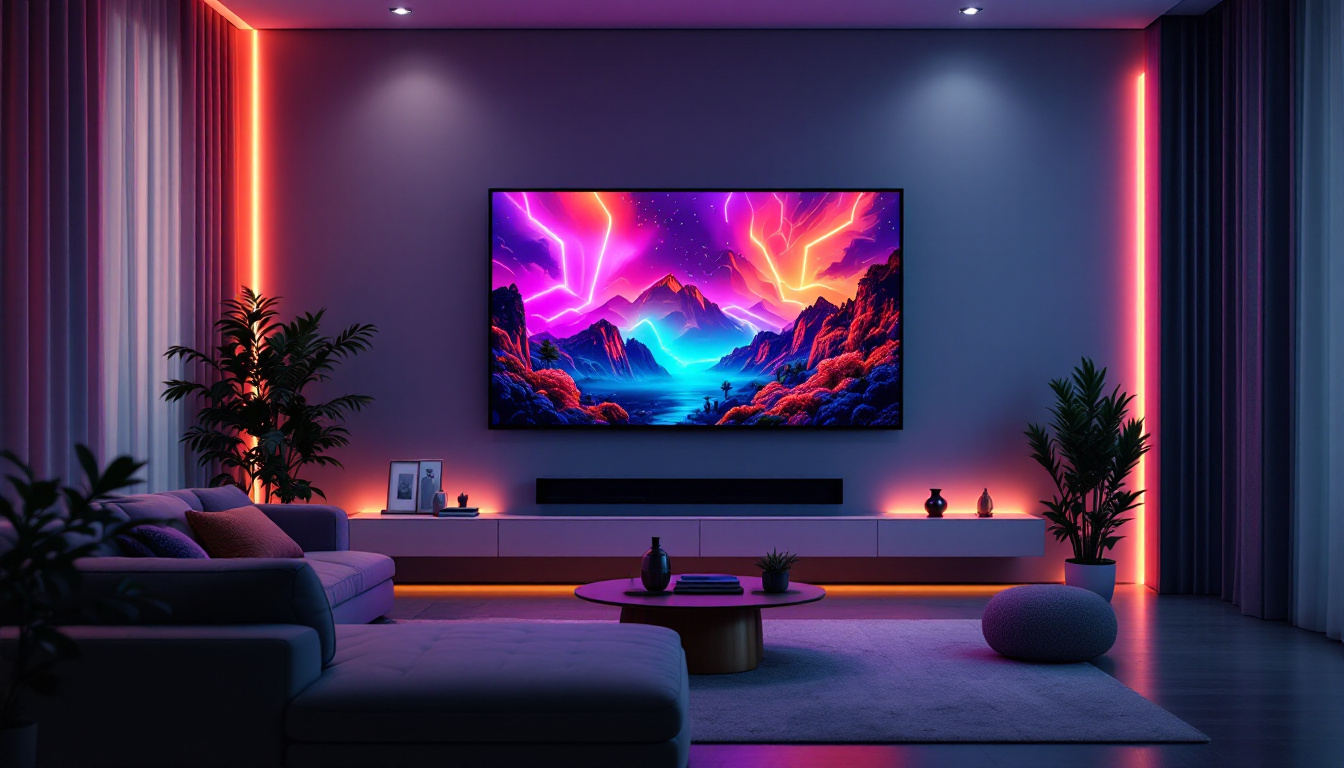 A photograph of a stylish living room featuring a modern led wall display