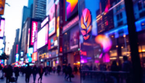 A photograph of a vibrant led display showcasing a dynamic logo in a bustling urban setting