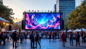 A photograph of capture a photograph of a vibrant outdoor setting featuring a large led wall screen displaying dynamic content