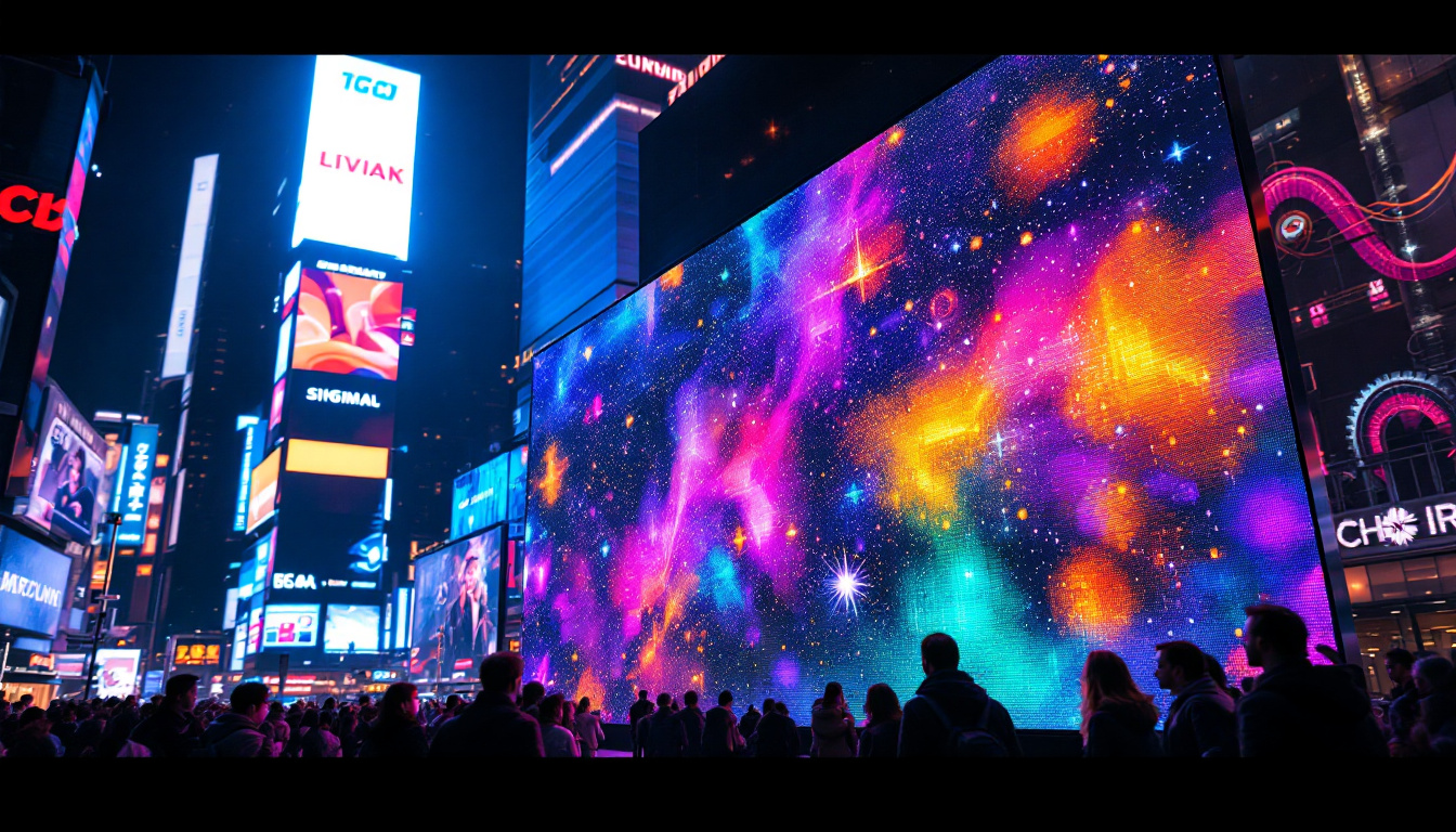 A photograph of a vibrant led display in a bustling urban setting