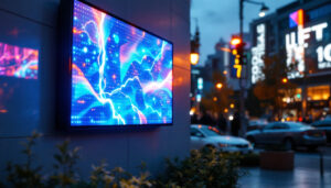 A photograph of a vibrant led wall sign in an urban setting