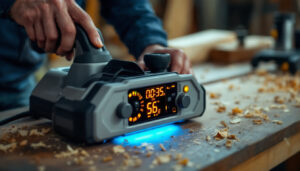 A photograph of capture a photograph of a powered hand planer prominently featuring its led display in action