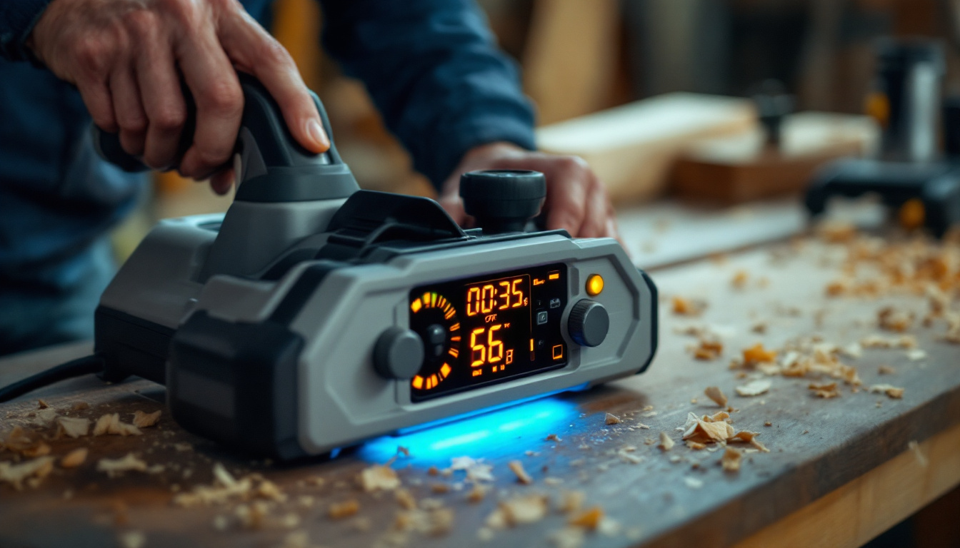 A photograph of capture a photograph of a powered hand planer prominently featuring its led display in action