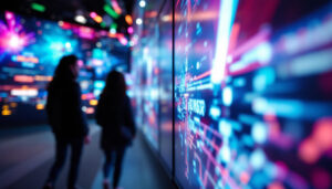 A photograph of a vibrant led display showcasing dynamic visuals or graphics