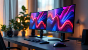 A photograph of capture a photograph of a sleek dual monitor setup on a stylish desk