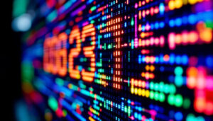 A photograph of a close-up of a vibrant led display showcasing a dynamic