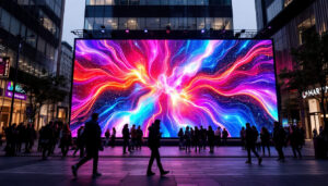 A photograph of a vibrant led display in an urban setting