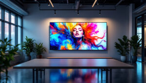 A photograph of a modern office space featuring an led display showcasing vibrant