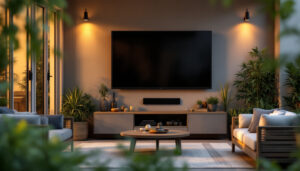 A photograph of a stylish outdoor living space featuring a weatherproof led tv mounted on a wall