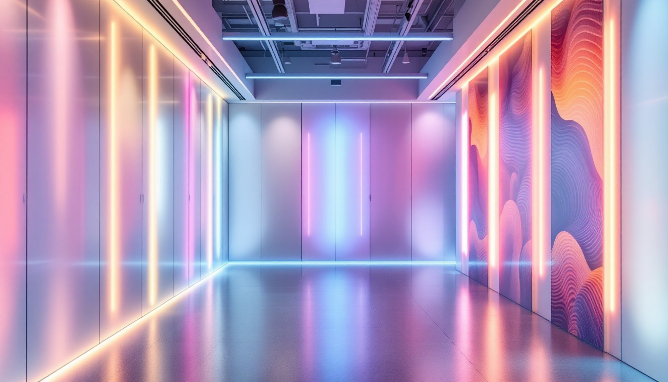 A photograph of a modern interior space featuring flexible wall paneling integrated with vibrant led displays