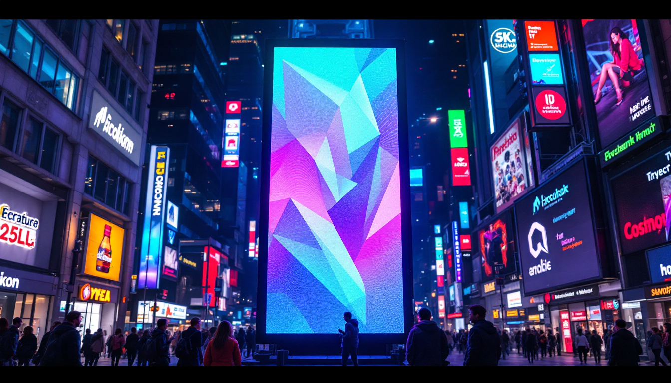 A photograph of a vibrant led digital sign in a bustling urban setting