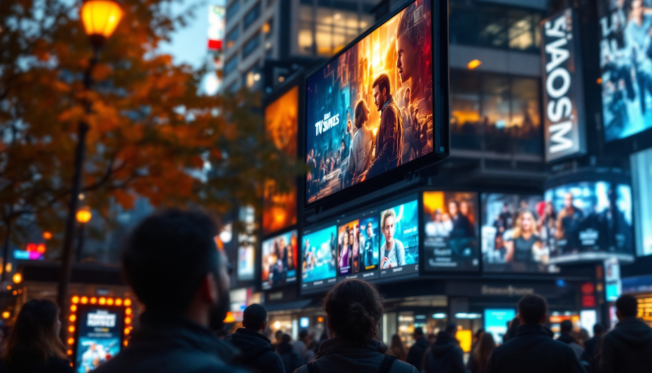 A photograph of capture a photograph of a vibrant led display showcasing a variety of tv shows and movies in a lively urban setting
