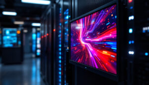 A photograph of a sleek 19-inch rack mount monitor in a modern server room setting