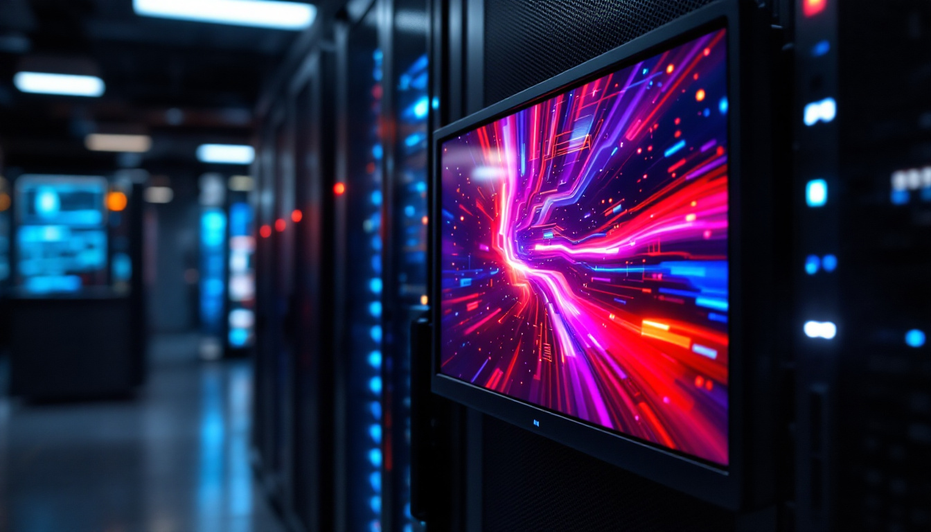A photograph of a sleek 19-inch rack mount monitor in a modern server room setting