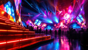 A photograph of a vibrant concave led display in action