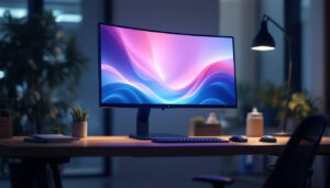 A photograph of a sleek height-adjustable monitor stand with an led display in a modern workspace setting