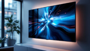 A photograph of a sleek wall-mounted cabinet showcasing an integrated led display