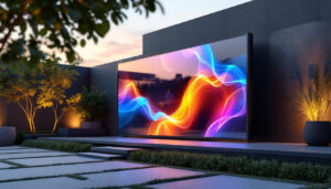 A photograph of a modern exterior privacy wall featuring an integrated led display