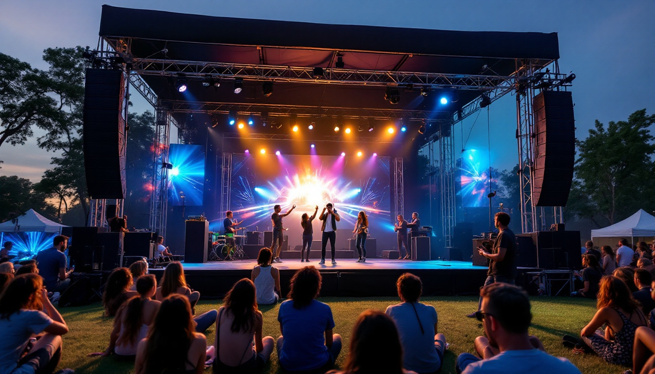 A photograph of a dynamic outdoor event featuring a portable staging setup with an led display