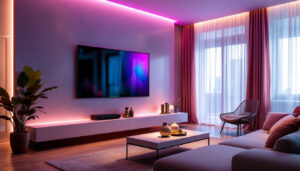 A photograph of a stylish living room featuring a modern tv back wall design with an led display