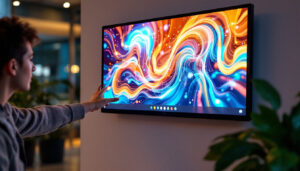 A photograph of a sleek 32-inch touch screen led display in use