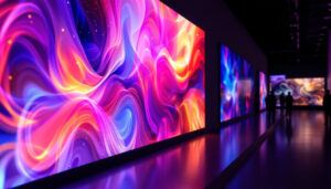 A photograph of a vibrant led display showcasing a captivating piece of artwork in a gallery setting