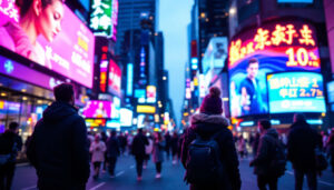 A photograph of capture a photograph of a vibrant led display in a dynamic urban setting