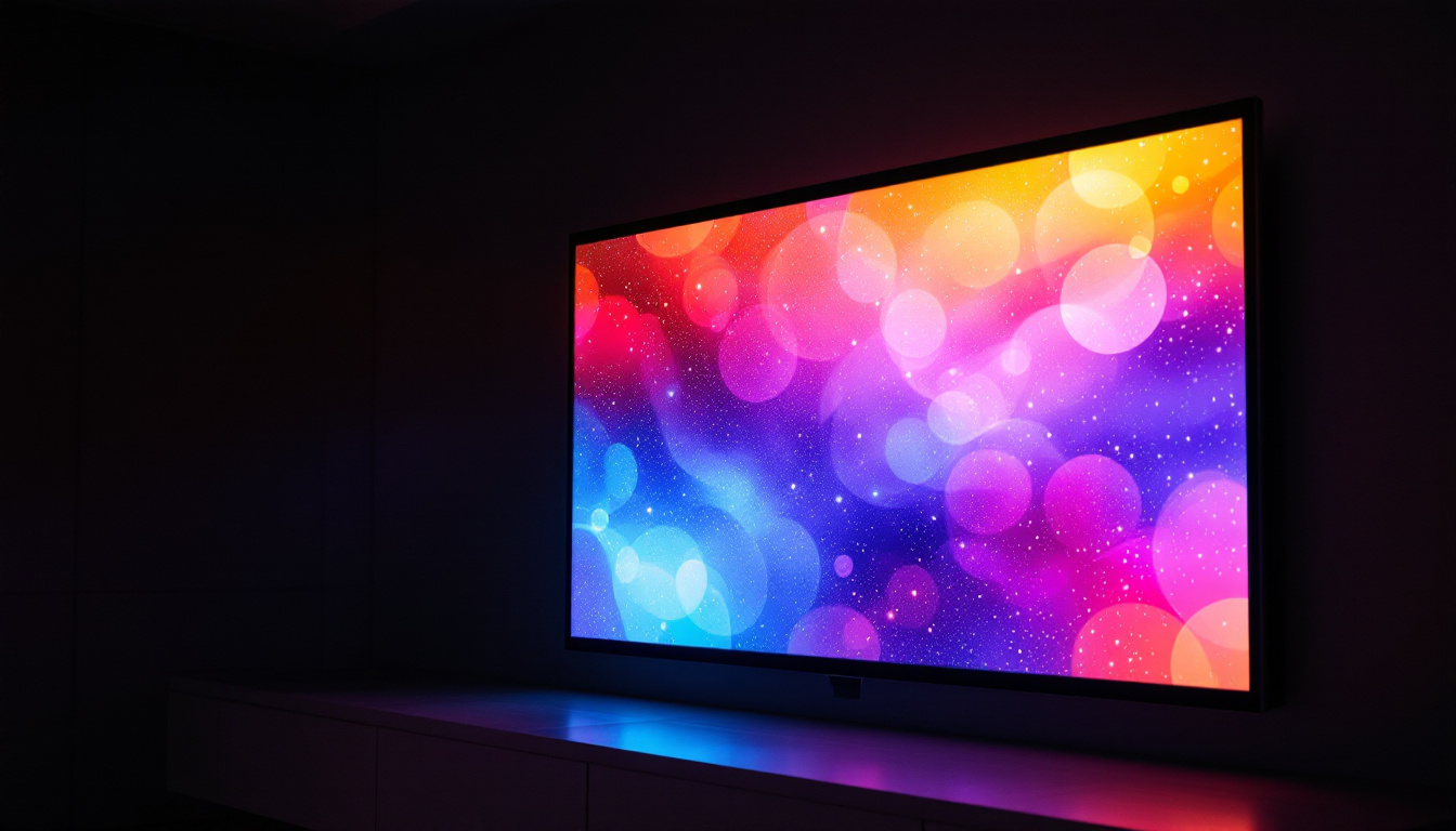 A photograph of a sleek black projector screen in a dimly lit room