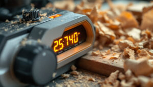 A photograph of a close-up shot of a block planer in action