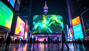 A photograph of a vibrant led display in a bustling urban setting at night