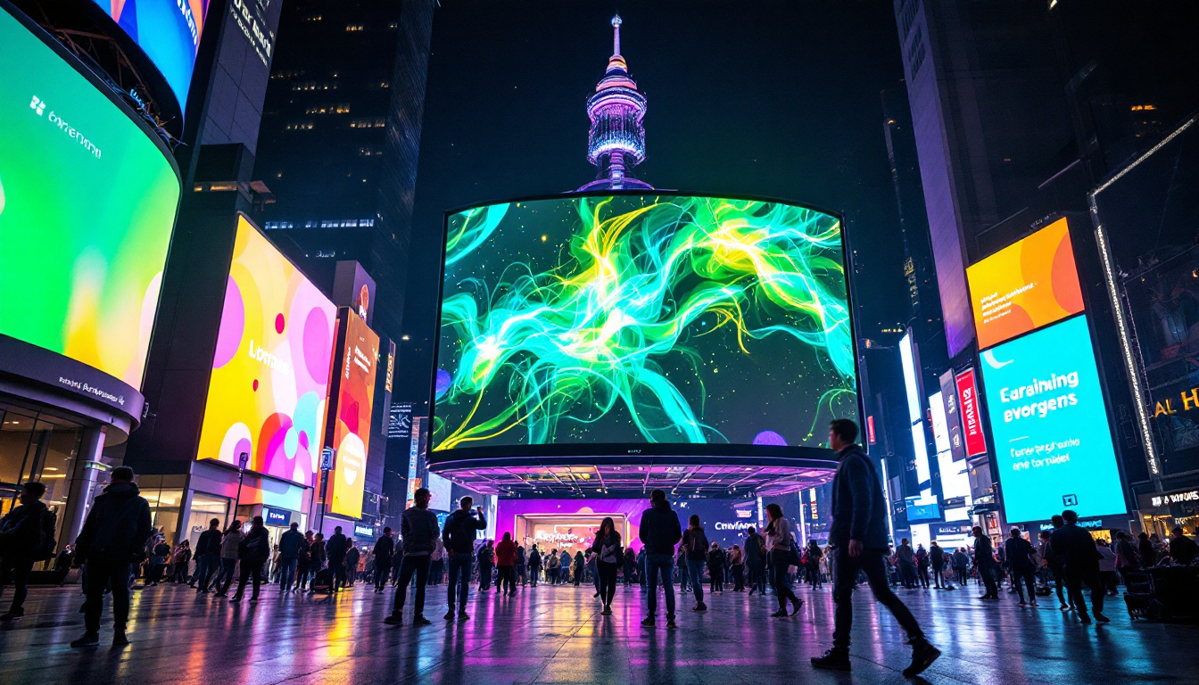 A photograph of a vibrant led display in a bustling urban setting at night