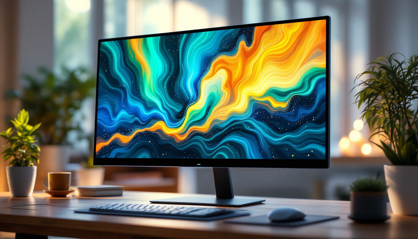 A photograph of a sleek all-in-one computer with a vibrant led touchscreen display