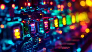 A photograph of a close-up shot of a display switch box with illuminated led indicators