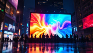 A photograph of a vibrant led display in a dynamic urban setting