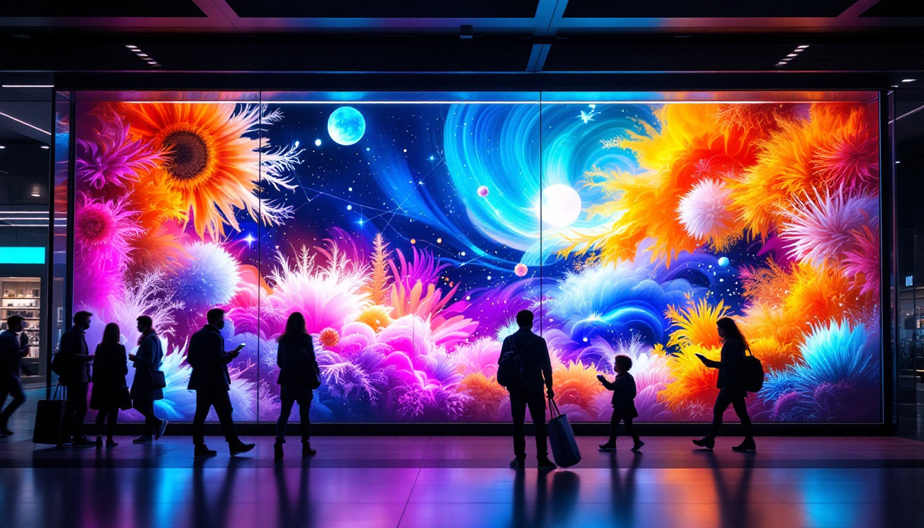 A photograph of a vibrant and eye-catching storefront display featuring a large led screen showcasing dynamic visuals