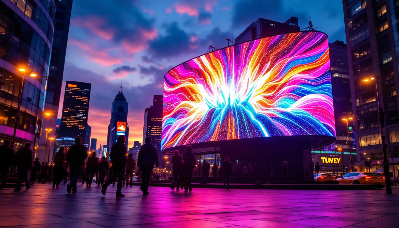 A photograph of a vibrant led display showcasing a dynamic visual pattern or advertisement