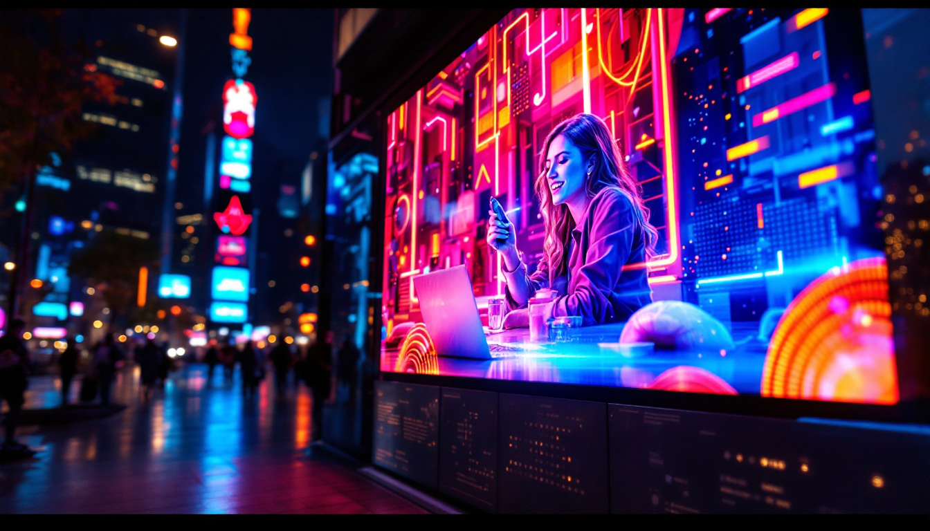 A photograph of a vibrant led display showcasing an engaging advertisement video in an urban setting