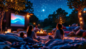 A photograph of a vibrant outdoor movie night scene featuring a high-quality led projector in use