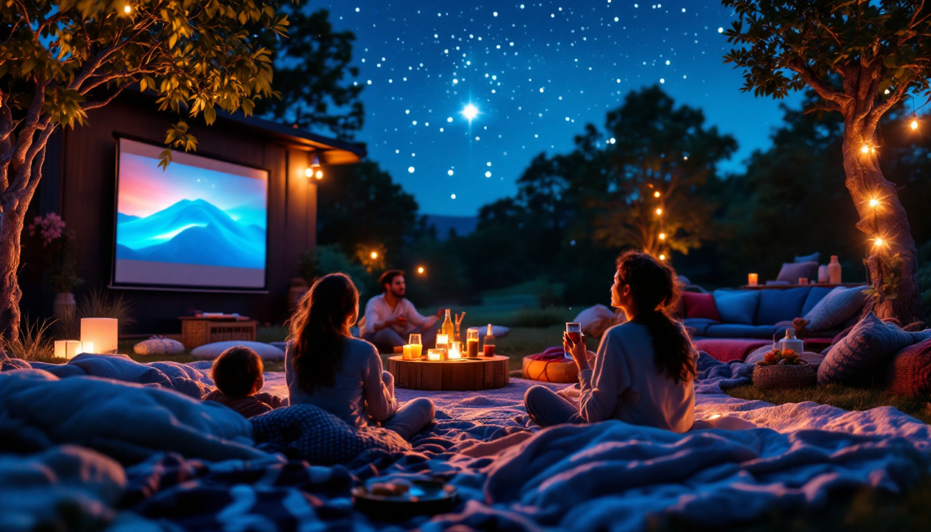 A photograph of a vibrant outdoor movie night scene featuring a high-quality led projector in use